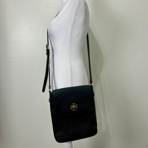 Tory Burch Black Pebbled Leather Crossbody Bag Gold Hardware FLAW Flap Turnlock - Picture 3 of 16